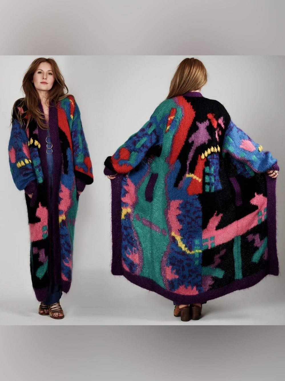 Vintage 80s Mohair Wool Abstract Maxi Sweater Long Duster Cardigan Graphic